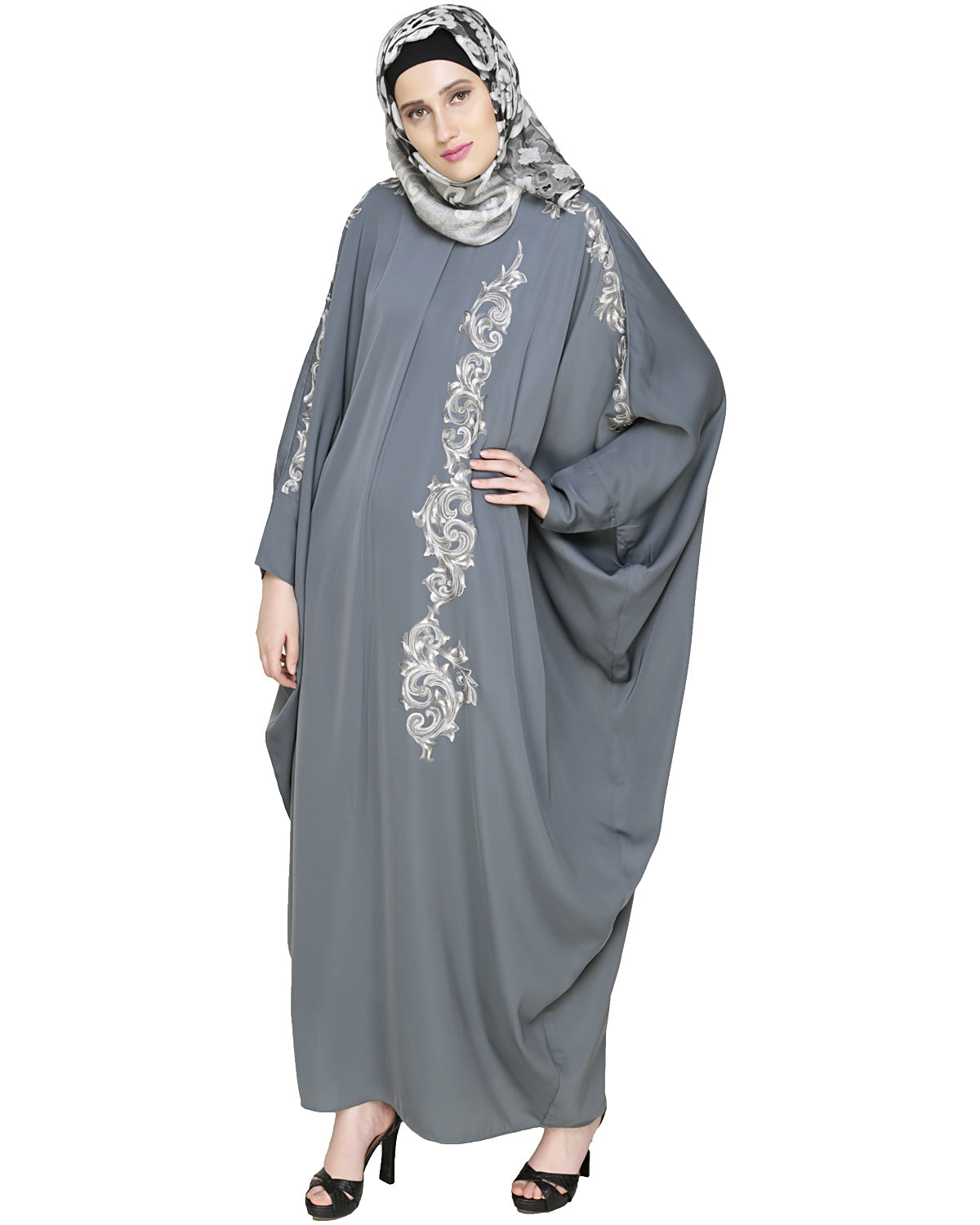 Dual Shade Floral Embroidered Beige Kaftan Grey