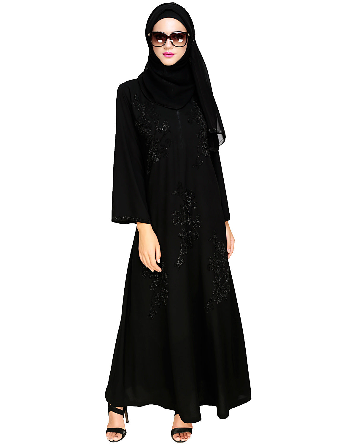 Exquisite Stone Work Sophisticated Black Dubai Style Abaya Black