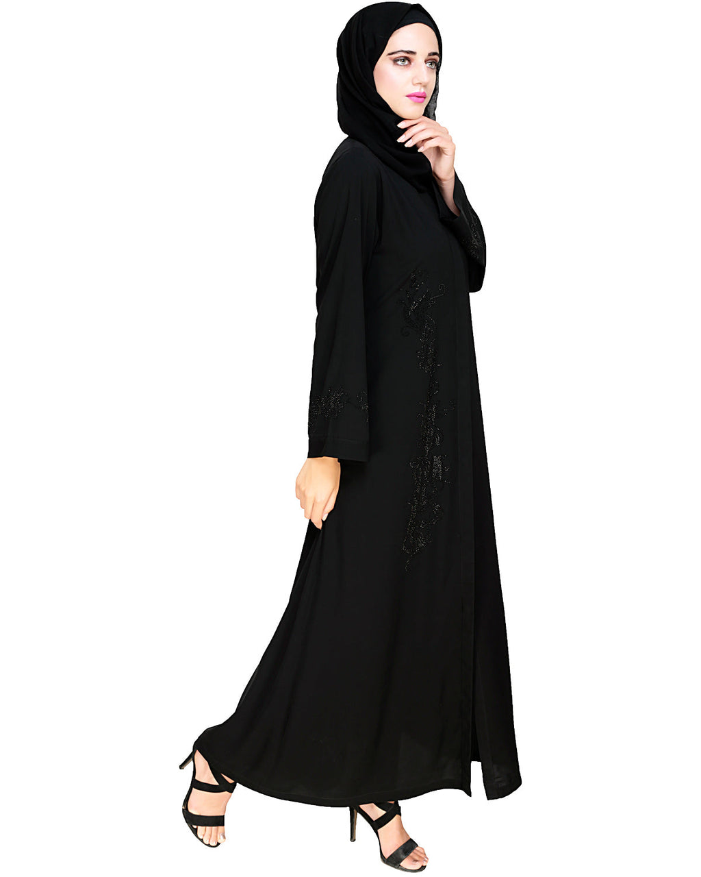 Exquisite Stone Work Dainty Black Dubai Style Abaya Black
