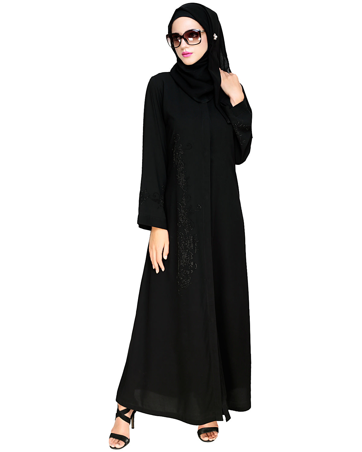 Exquisite Stone Work Dainty Black Dubai Style Abaya Black