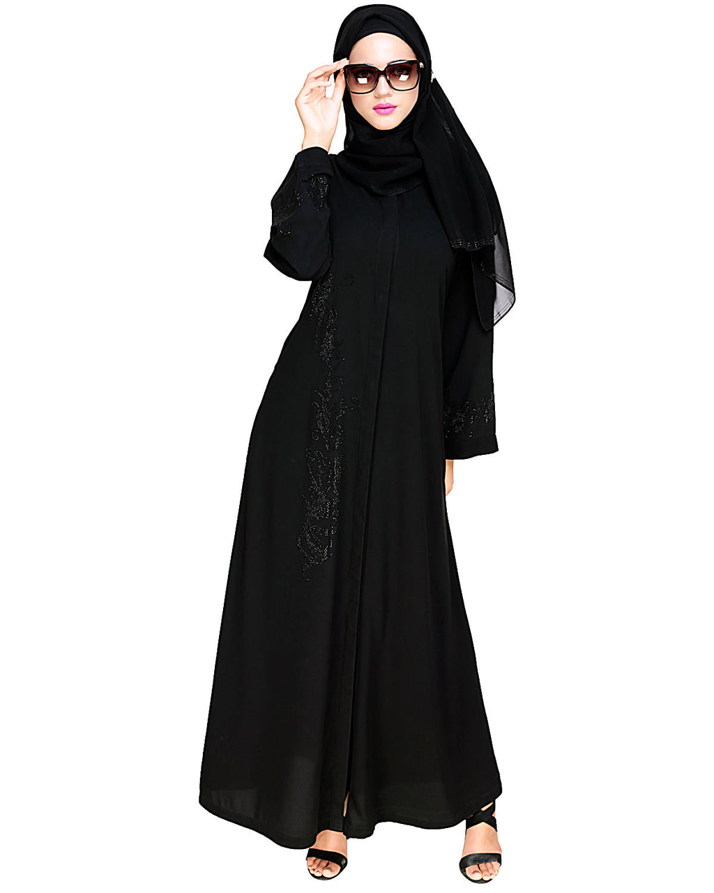 Exquisite Stone Work Dainty Black Dubai Style Abaya Black