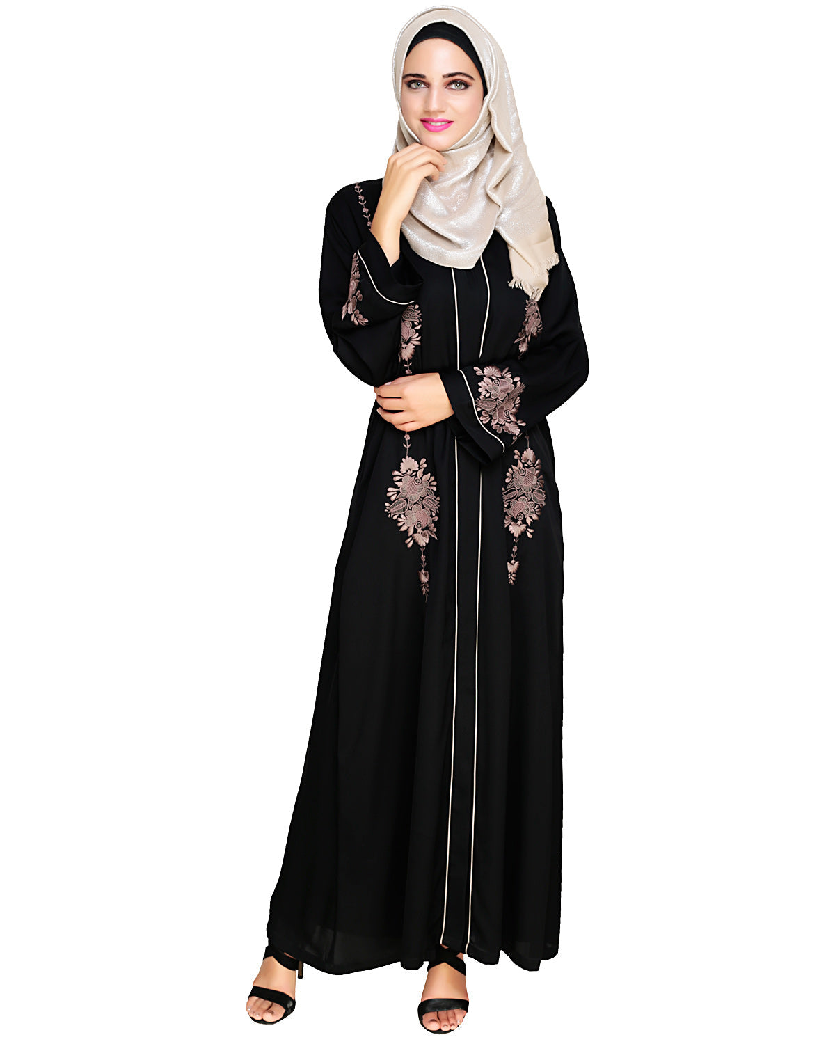 Appealing Floral Embroidery Dubai Style Abaya Black
