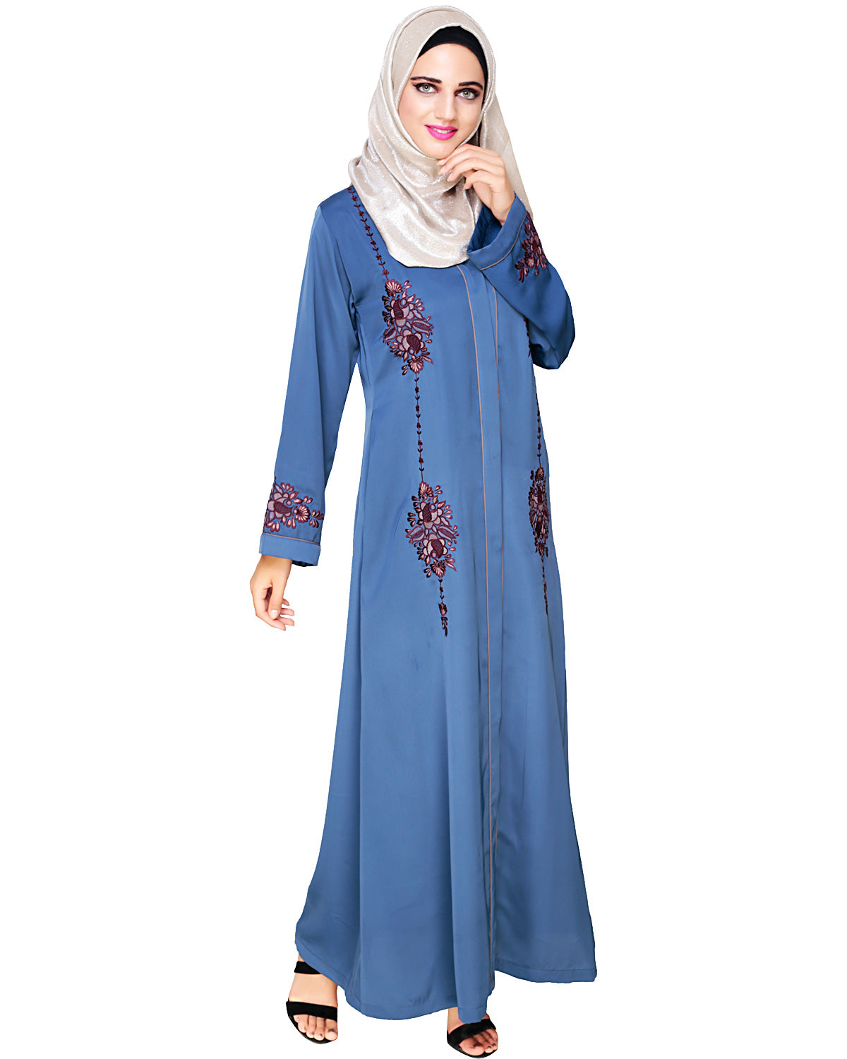 Appealing Floral Embroidery Dubai Style Abaya Blue