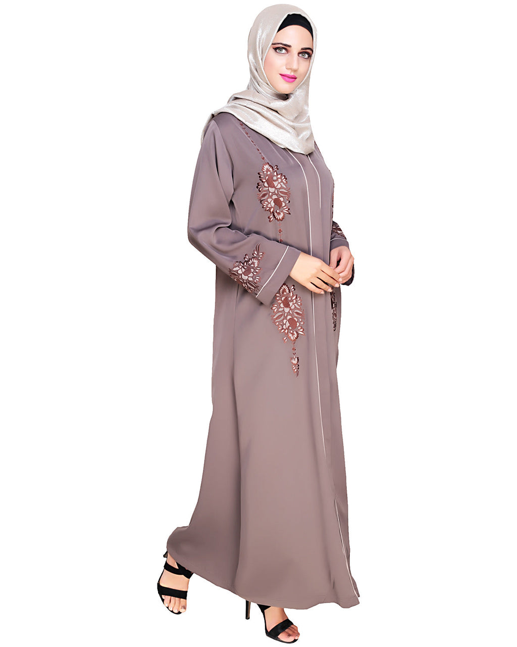 Appealing Floral Embroidery Dubai Style Abaya Brown