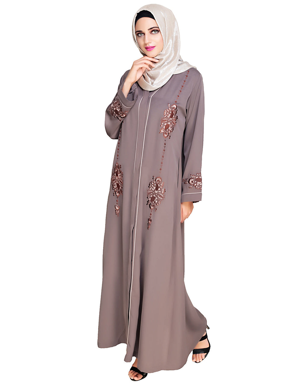Appealing Floral Embroidery Dubai Style Abaya Brown