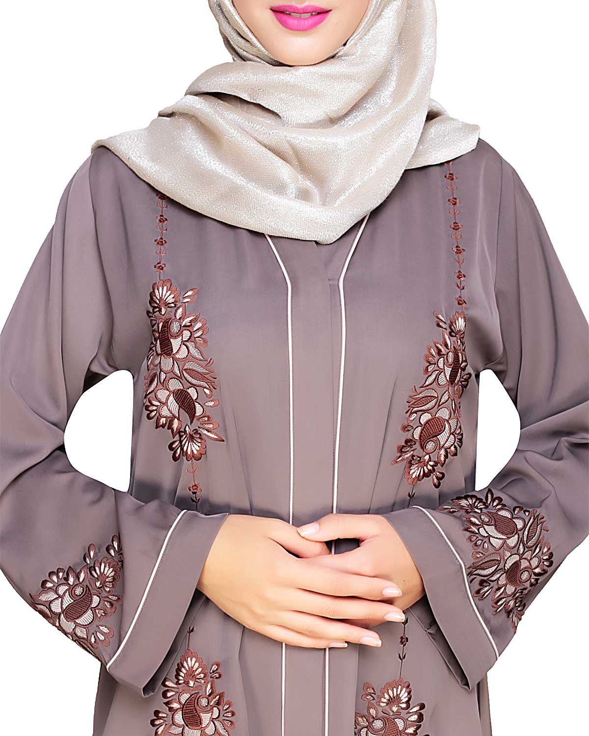 Appealing Floral Embroidery Dubai Style Abaya Brown