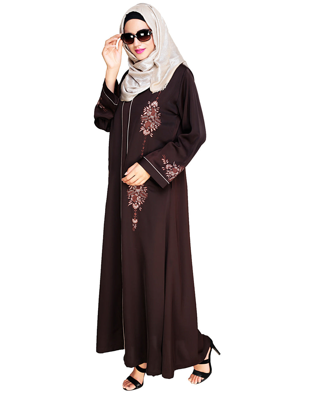 Appealing Floral Embroidery Dubai Style Abaya Dark Brown