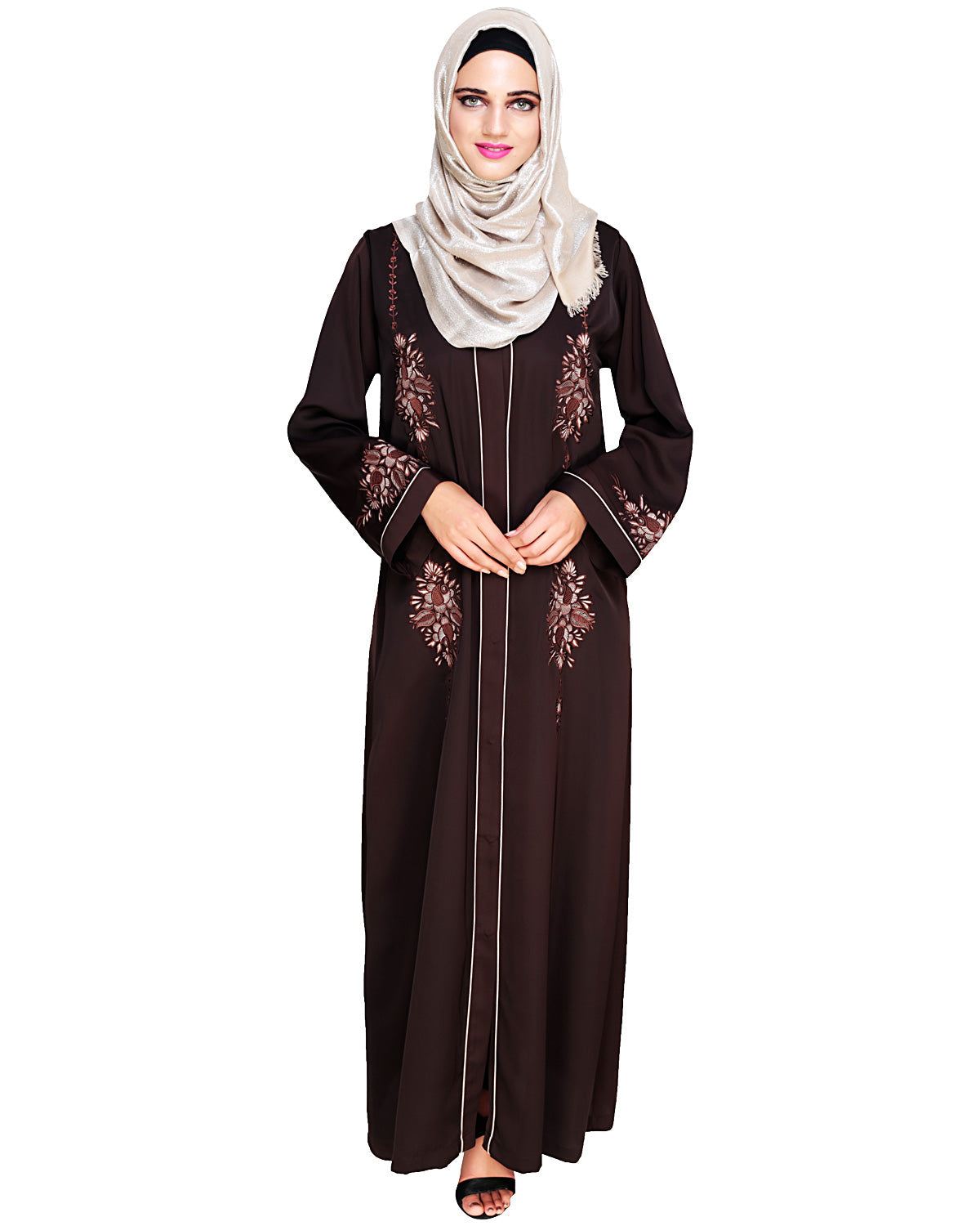 Appealing Floral Embroidery Dubai Style Abaya Dark Brown