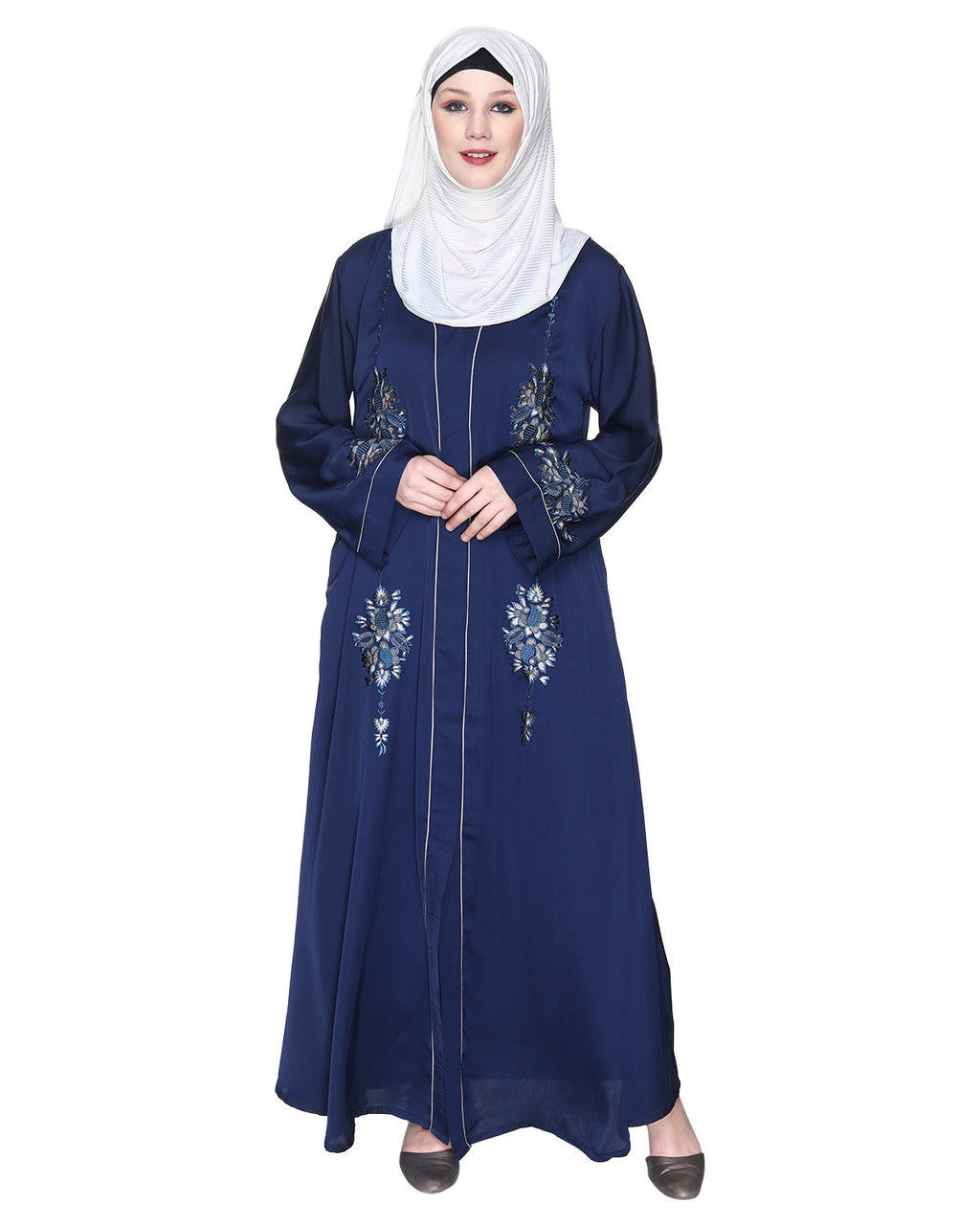 Appealing Floral Embroidery Dubai Style Abaya White