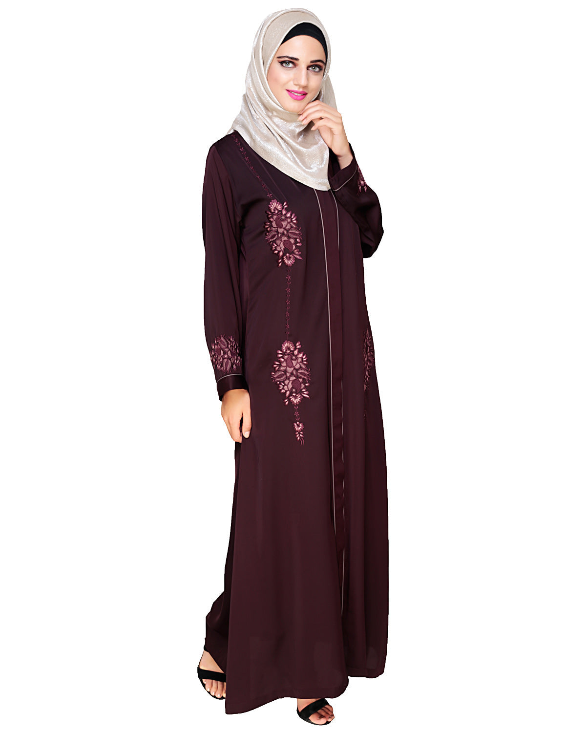 Appealing Floral Embroidery Dubai Style Abaya Wine