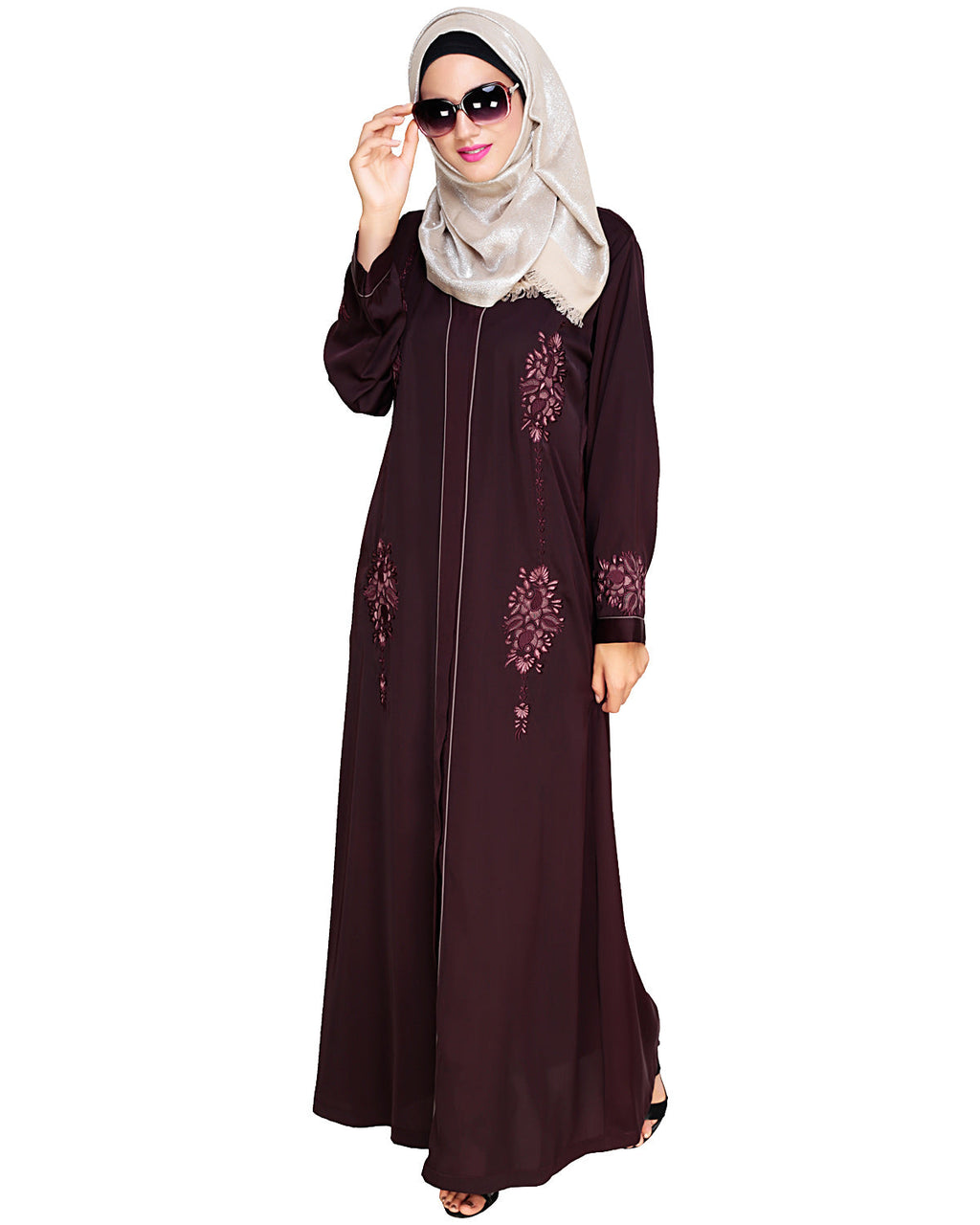 Appealing Floral Embroidery Dubai Style Abaya Wine