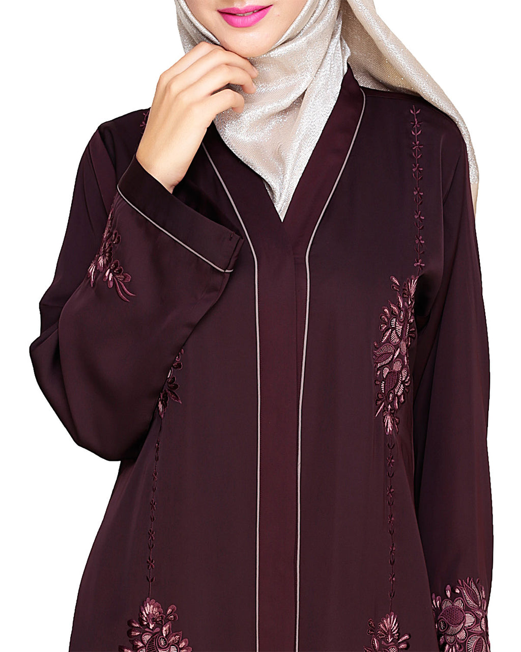 Appealing Floral Embroidery Dubai Style Abaya Wine