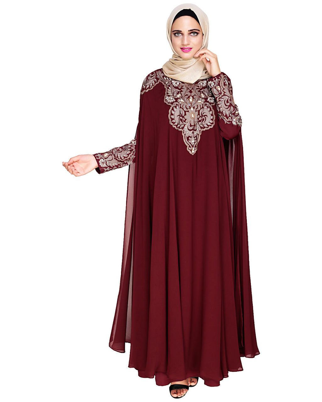 Luxury Black Irani Kaftan Brick Red