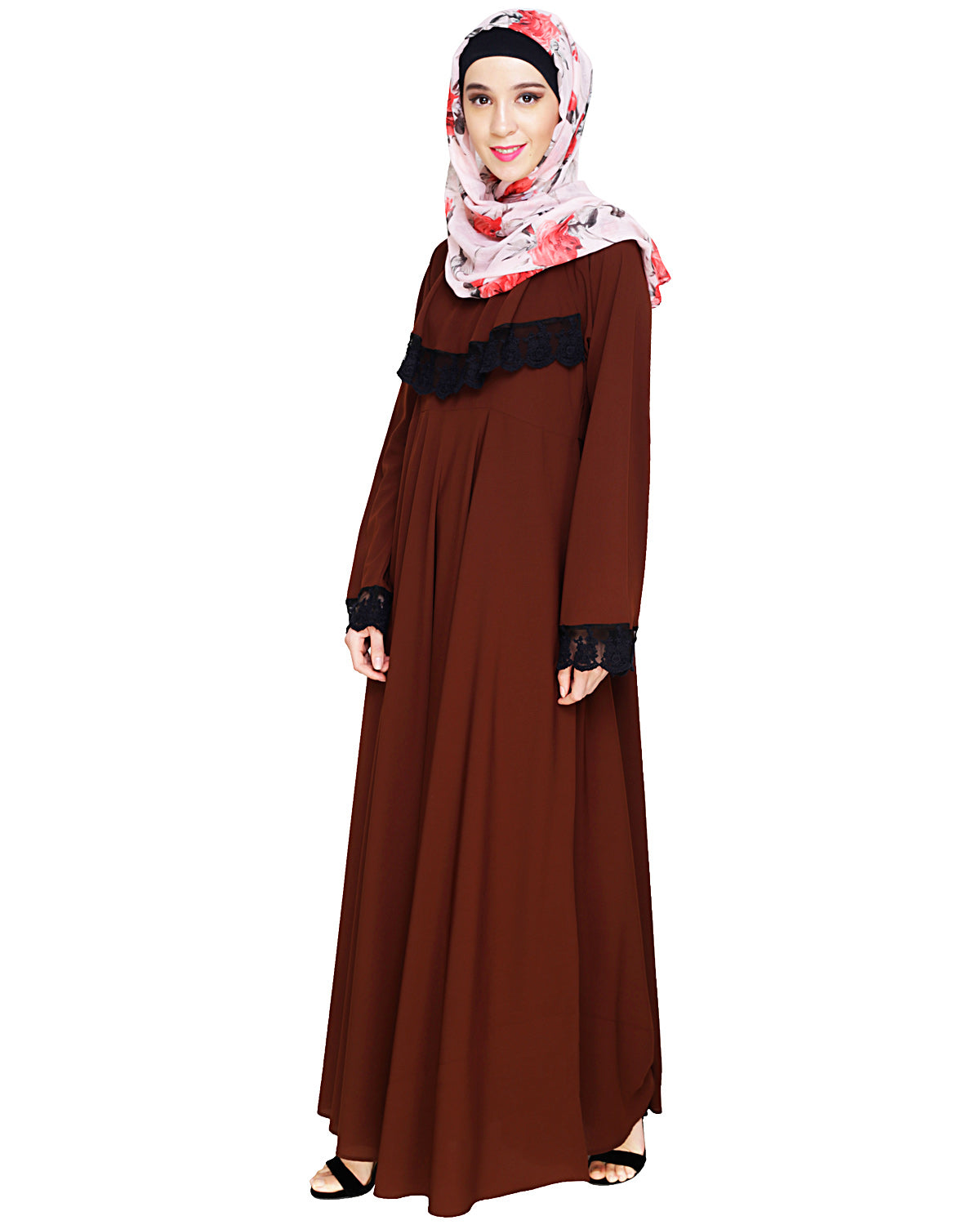 Flouncy Laced Abaya Brown