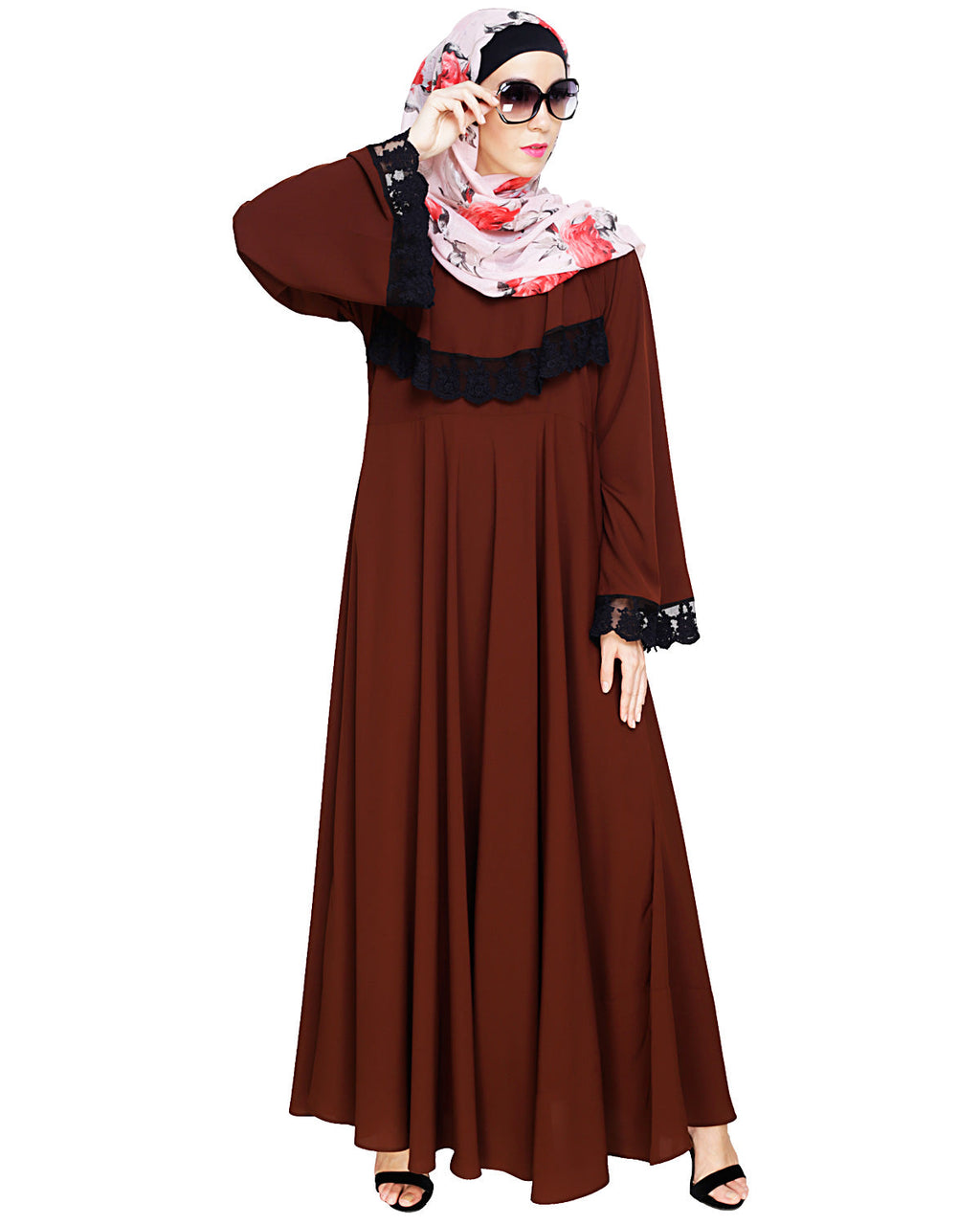 Flouncy Laced Abaya Brown