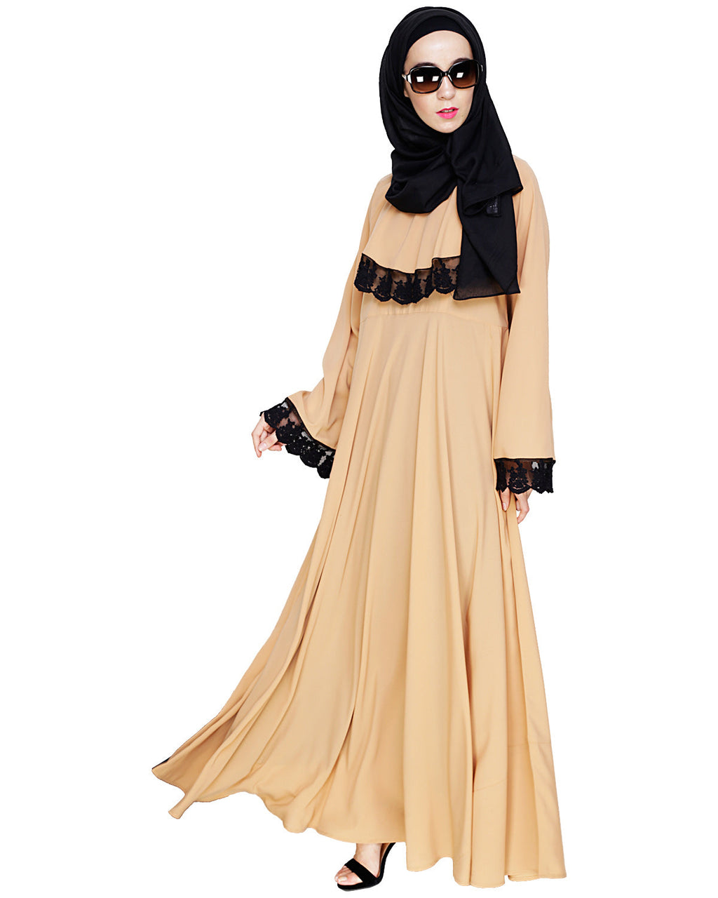 Flouncy Laced Abaya Dark Beige
