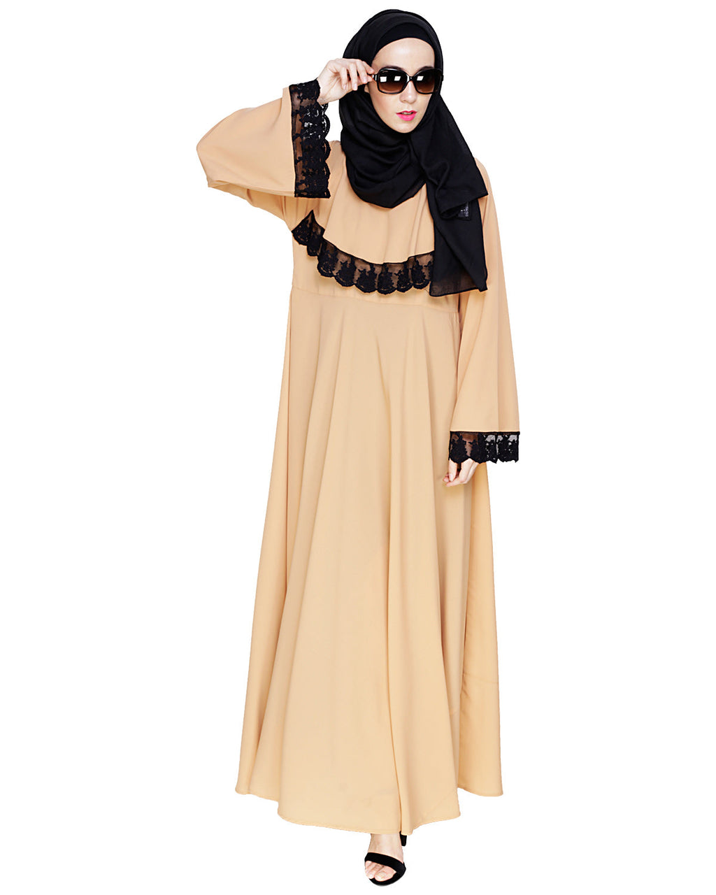 Flouncy Laced Abaya Dark Beige