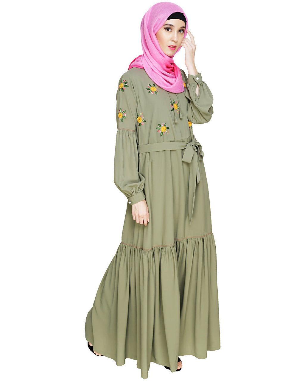 Dreamy Floral Embroiderd Abaya Dead Mint