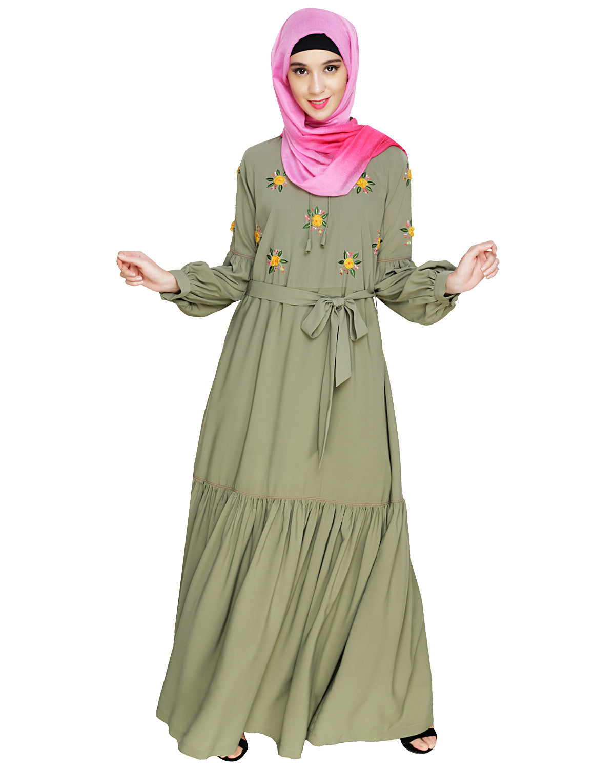 Dreamy Floral Embroiderd Abaya Dead Mint