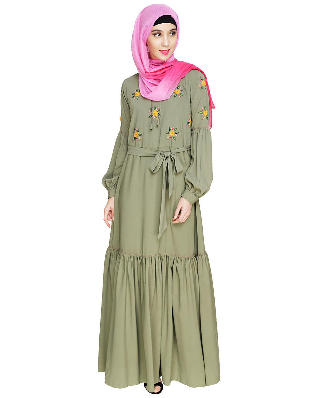 Dreamy Floral Embroiderd Abaya Dead Mint