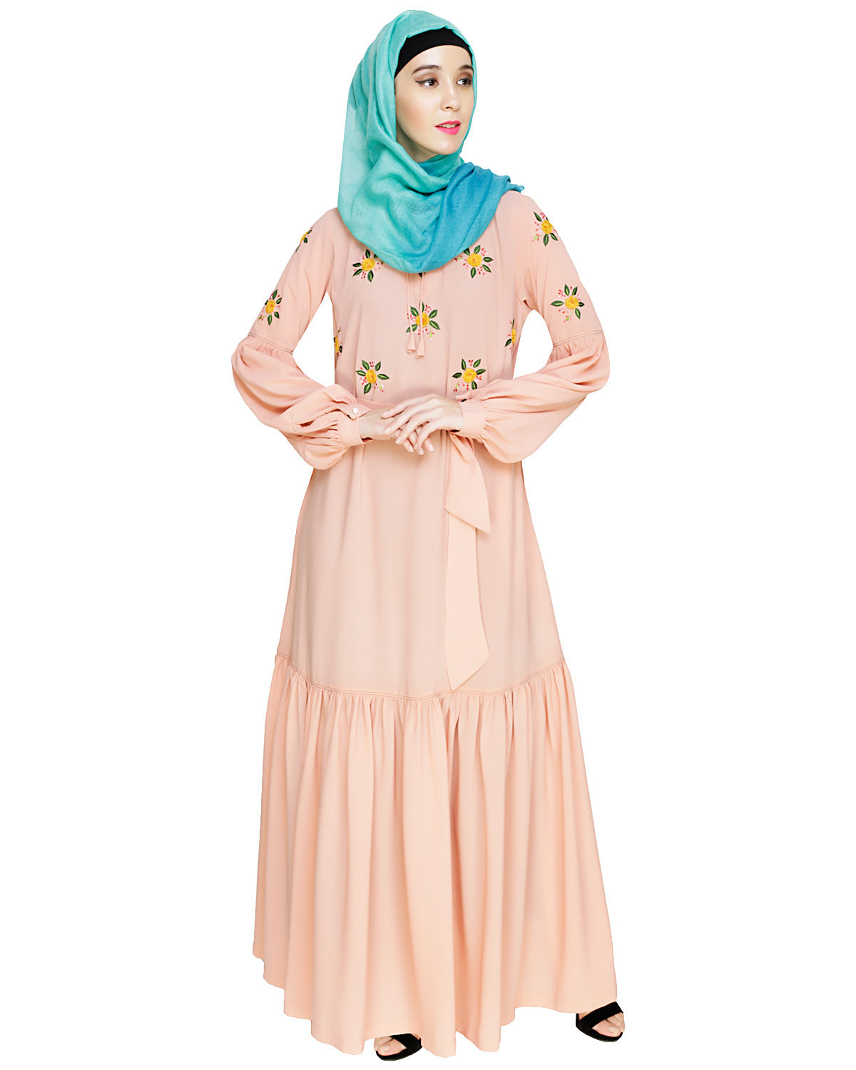 Dreamy Floral Embroiderd Abaya Peach
