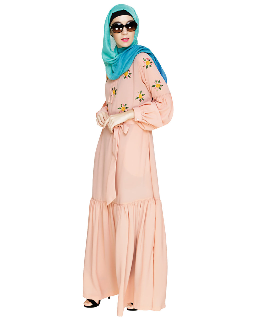 Dreamy Floral Embroiderd Abaya Peach
