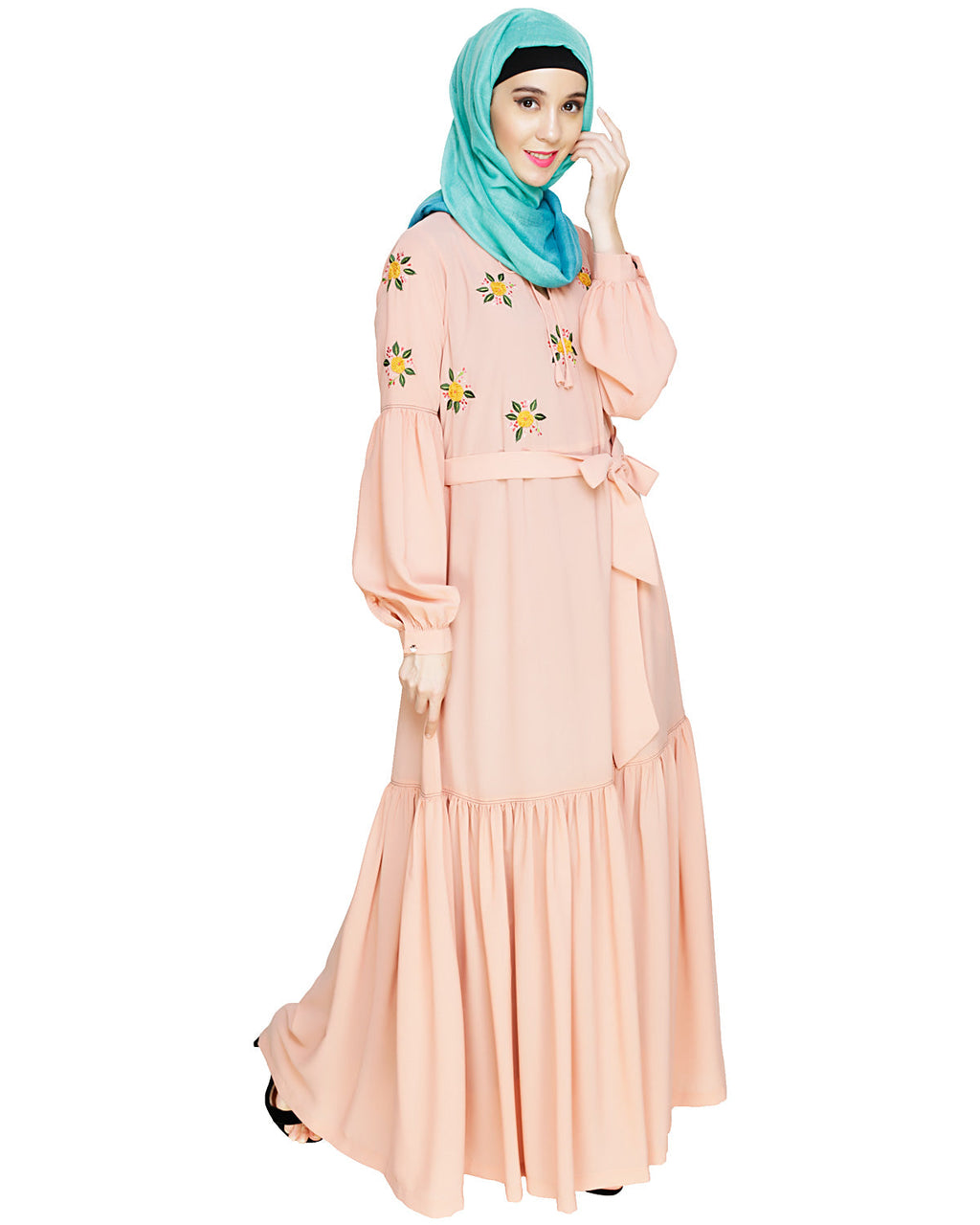 Dreamy Floral Embroiderd Abaya Peach