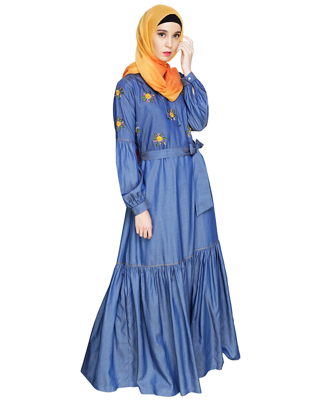 Dreamy Floral Embroiderd Denim Abaya