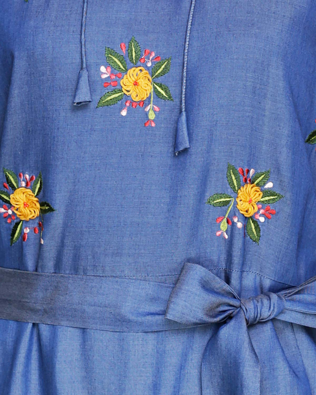 Dreamy Floral Embroiderd Denim Abaya Blue