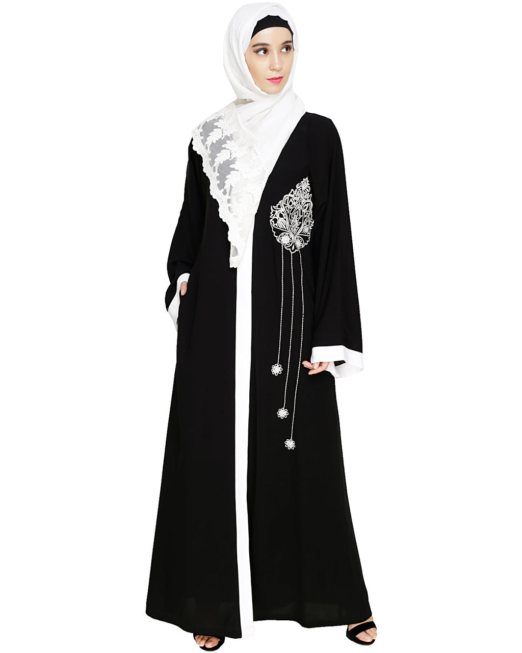 Contrast Embroidered Dubai Style Abaya Black