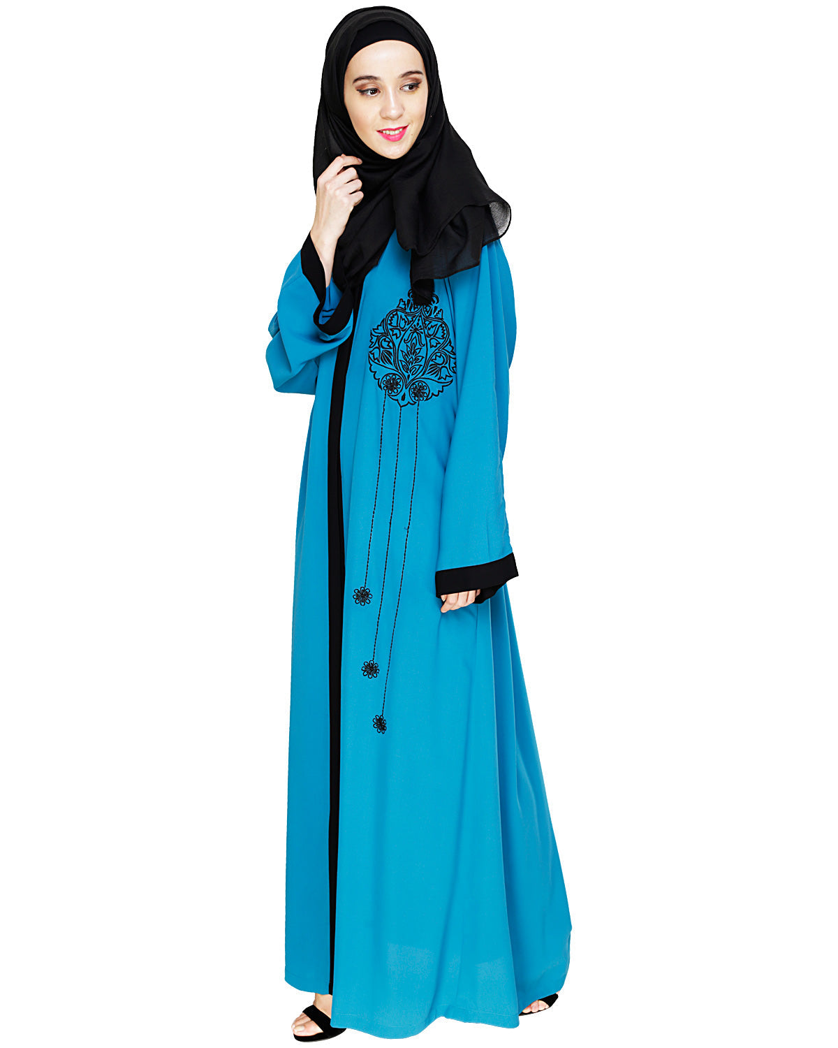 Contrast Embroidered Dubai Style Abaya Blue