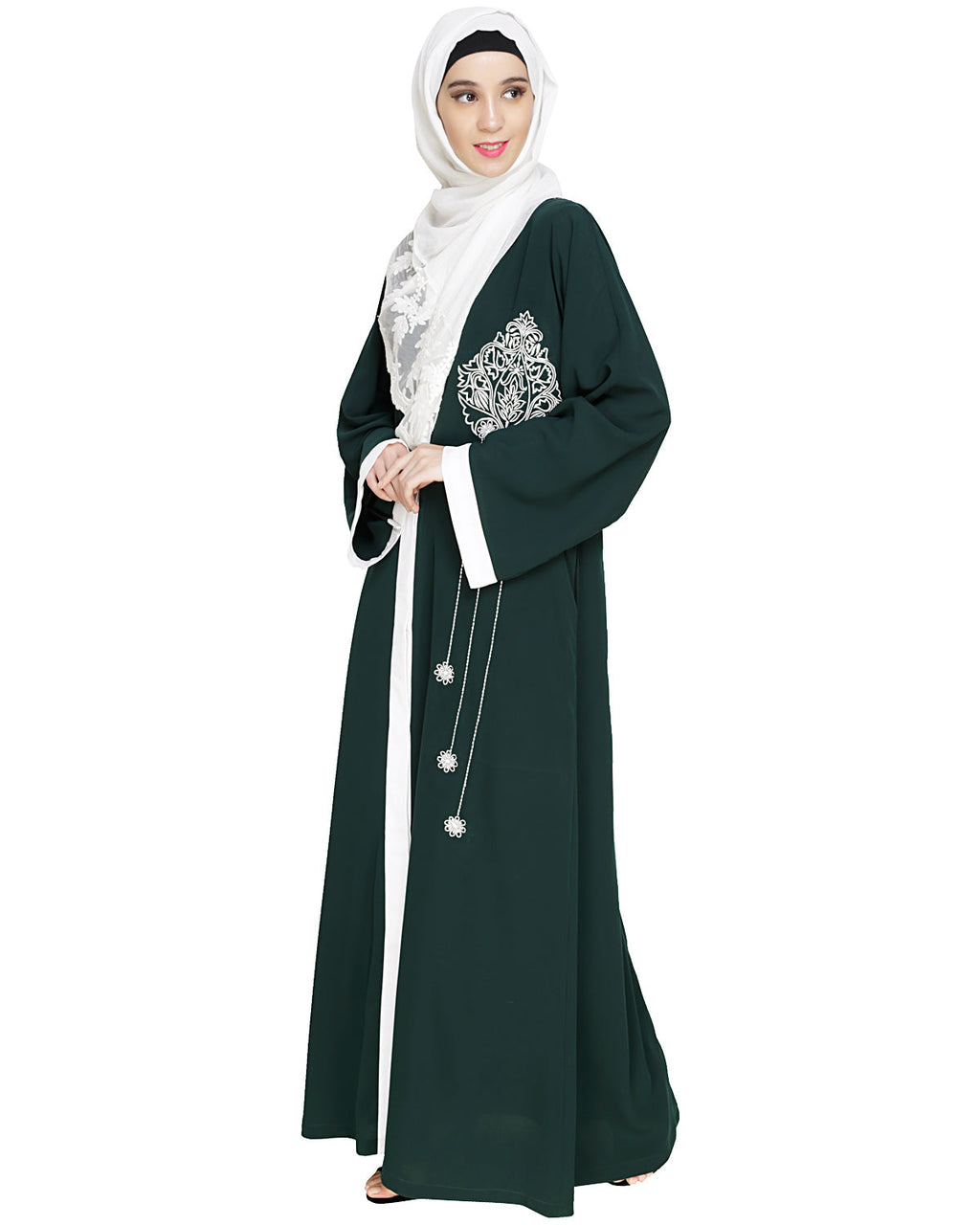 Contrast Embroidered Dubai Style Abaya Green