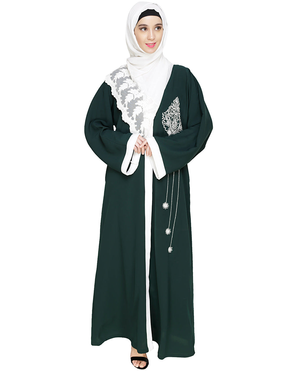 Contrast Embroidered Dubai Style Abaya Green