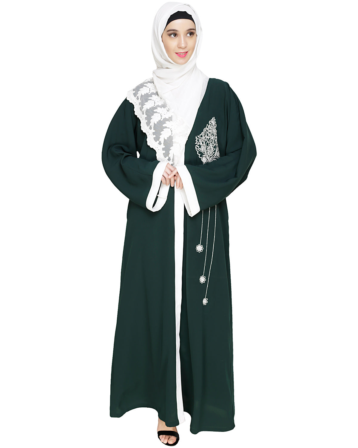 Contrast Embroidered Dubai Style Abaya Green