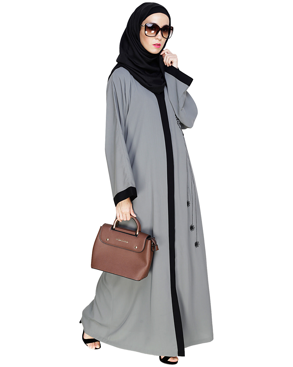 Contrast Embroidered Dubai Style Abaya Grey
