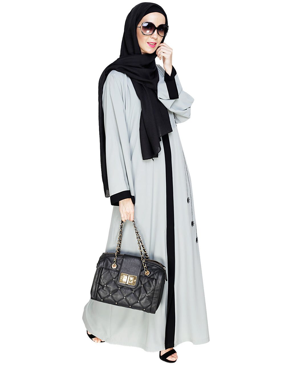 Contrast Embroidered Dubai Style Abaya Sage Green