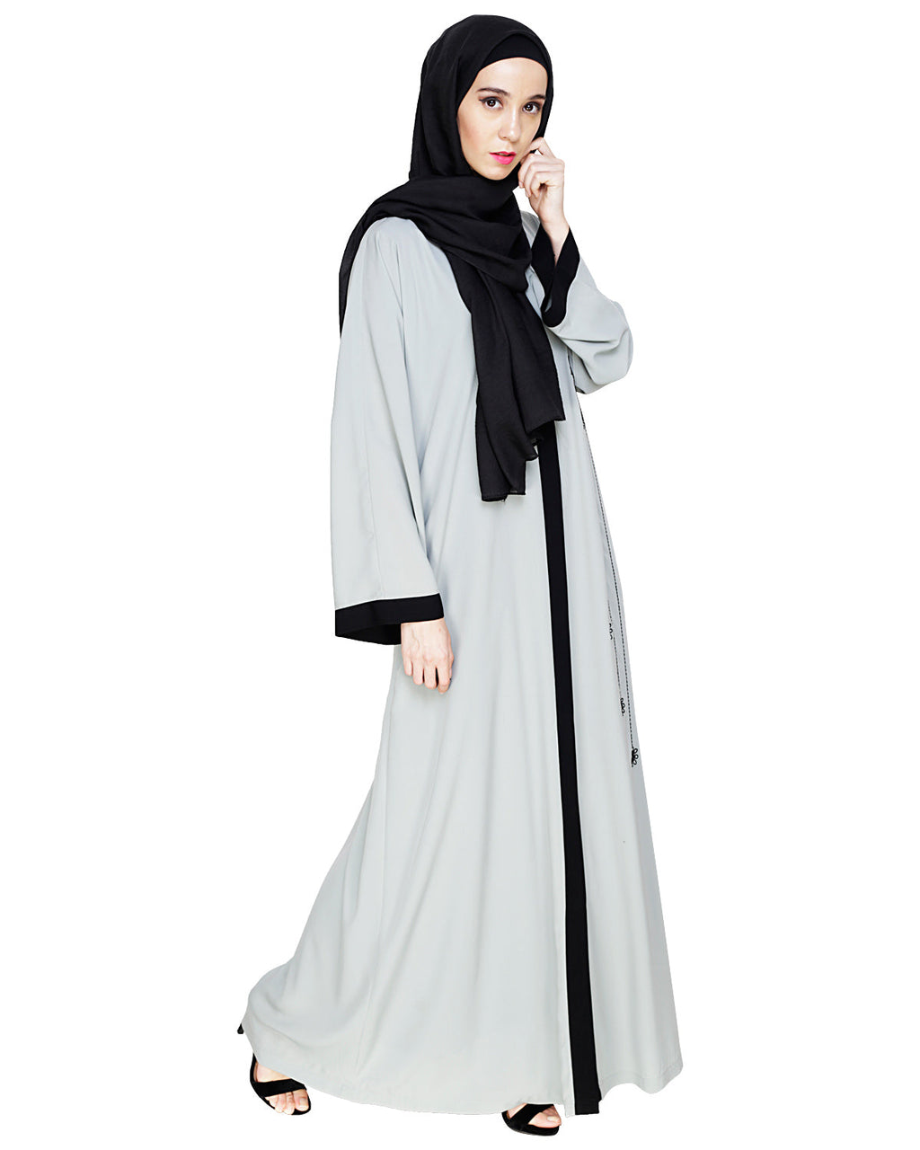 Contrast Embroidered Dubai Style Abaya Sage Green