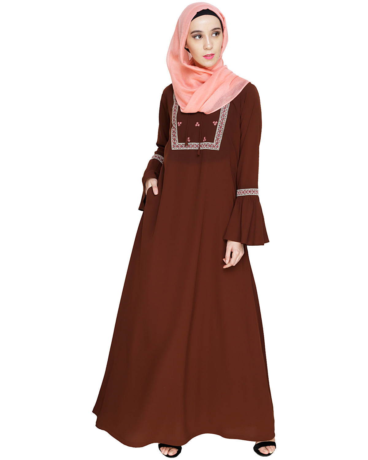 Boho Embroidered Abaya Brown