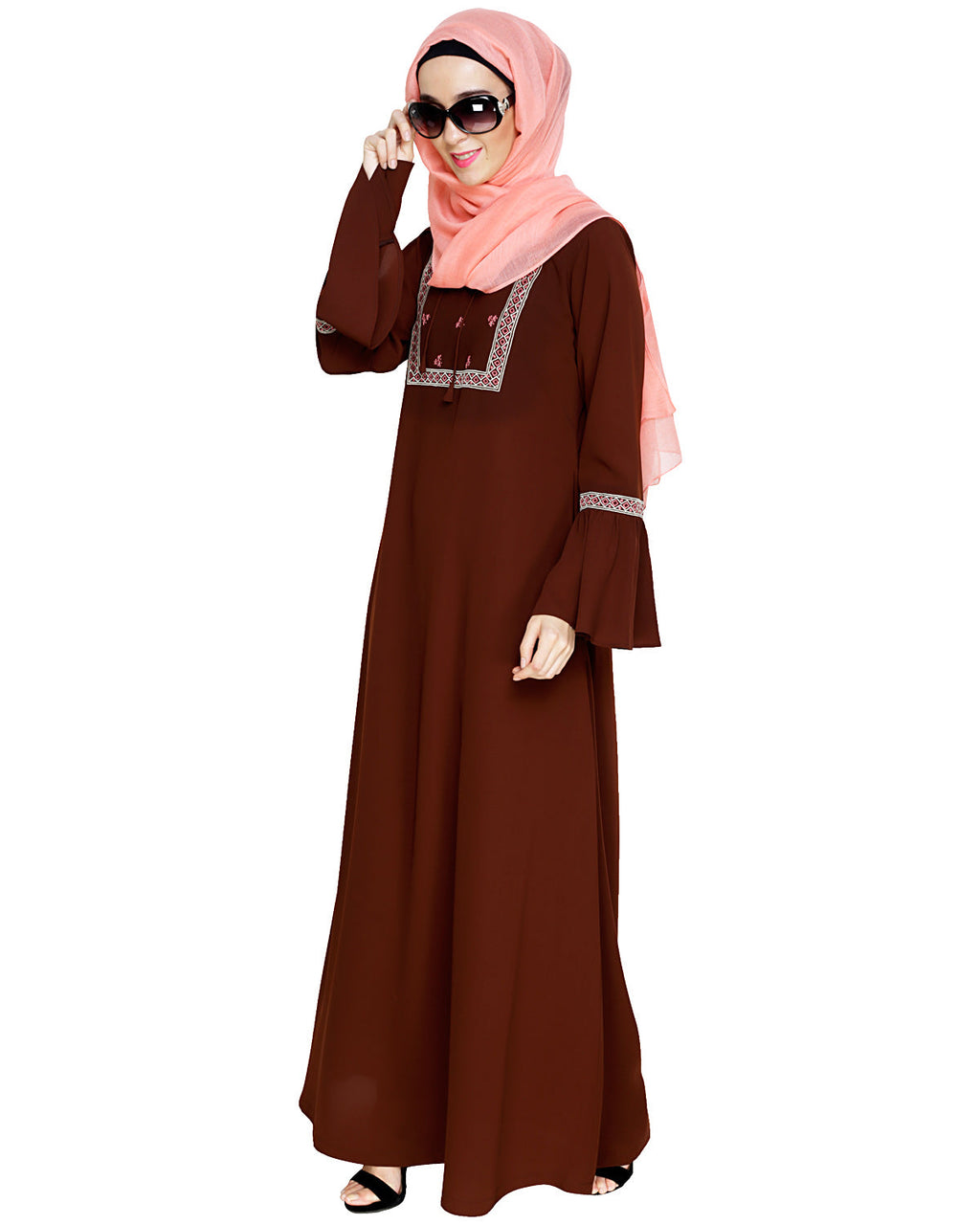Boho Embroidered Abaya Brown