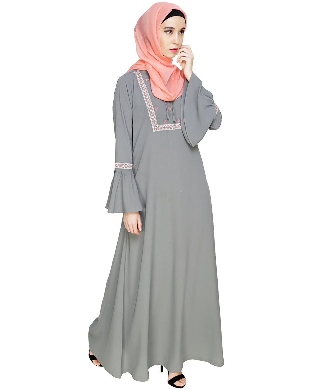 Boho Embroidered Abaya Grey