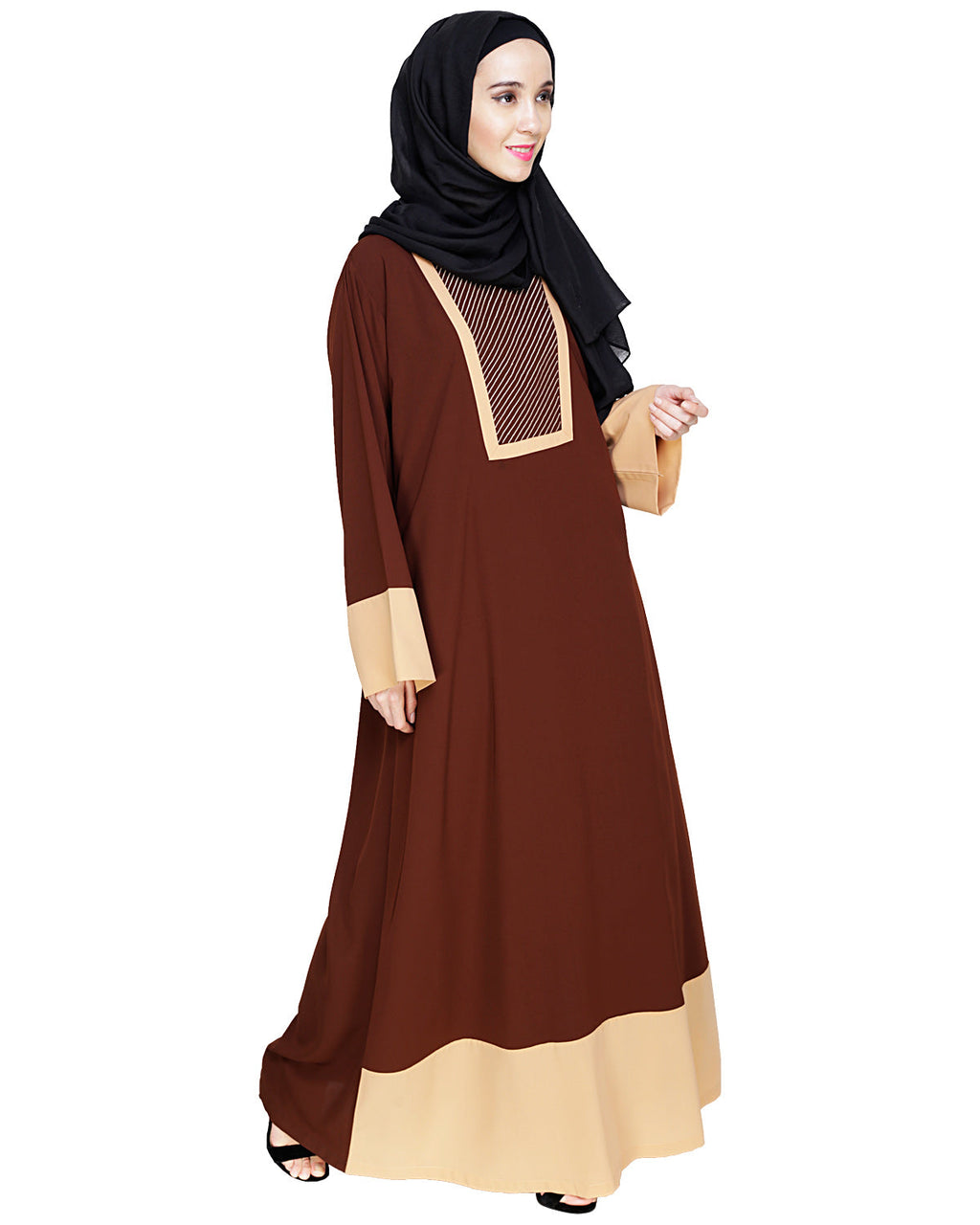 Embroidered Yoke Dubai Style Abaya Brown