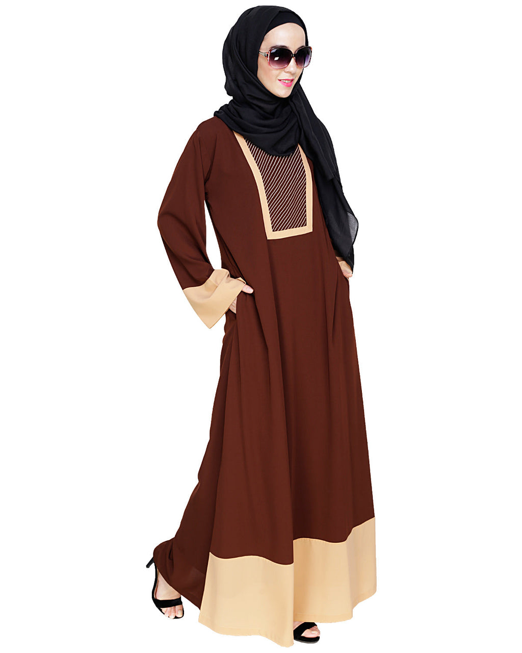 Embroidered Yoke Dubai Style Abaya Brown