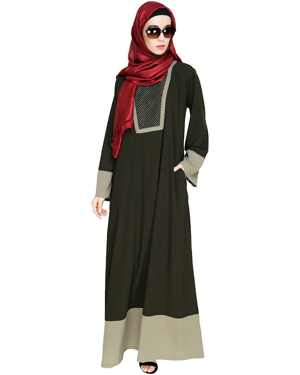 Embroidered Yoke Dubai Style Abaya Olive