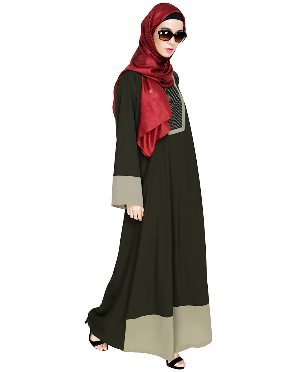 Embroidered Yoke Dubai Style Abaya Olive