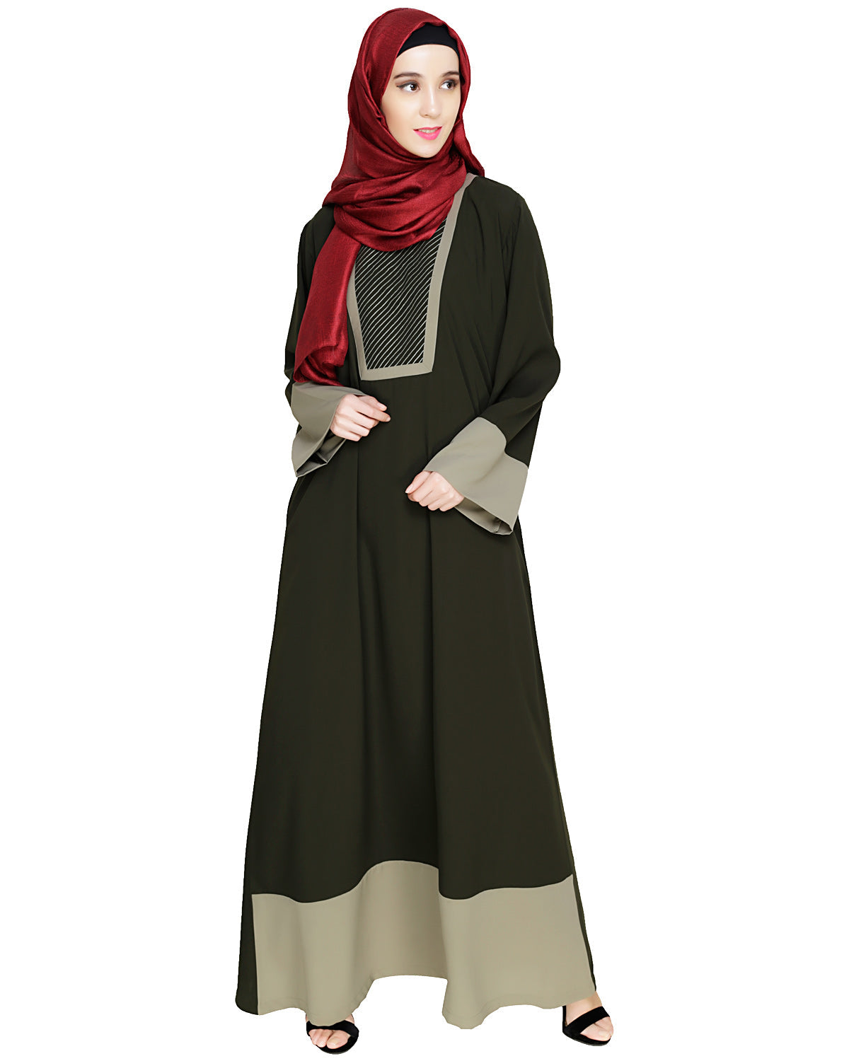 Embroidered Yoke Dubai Style Abaya Olive