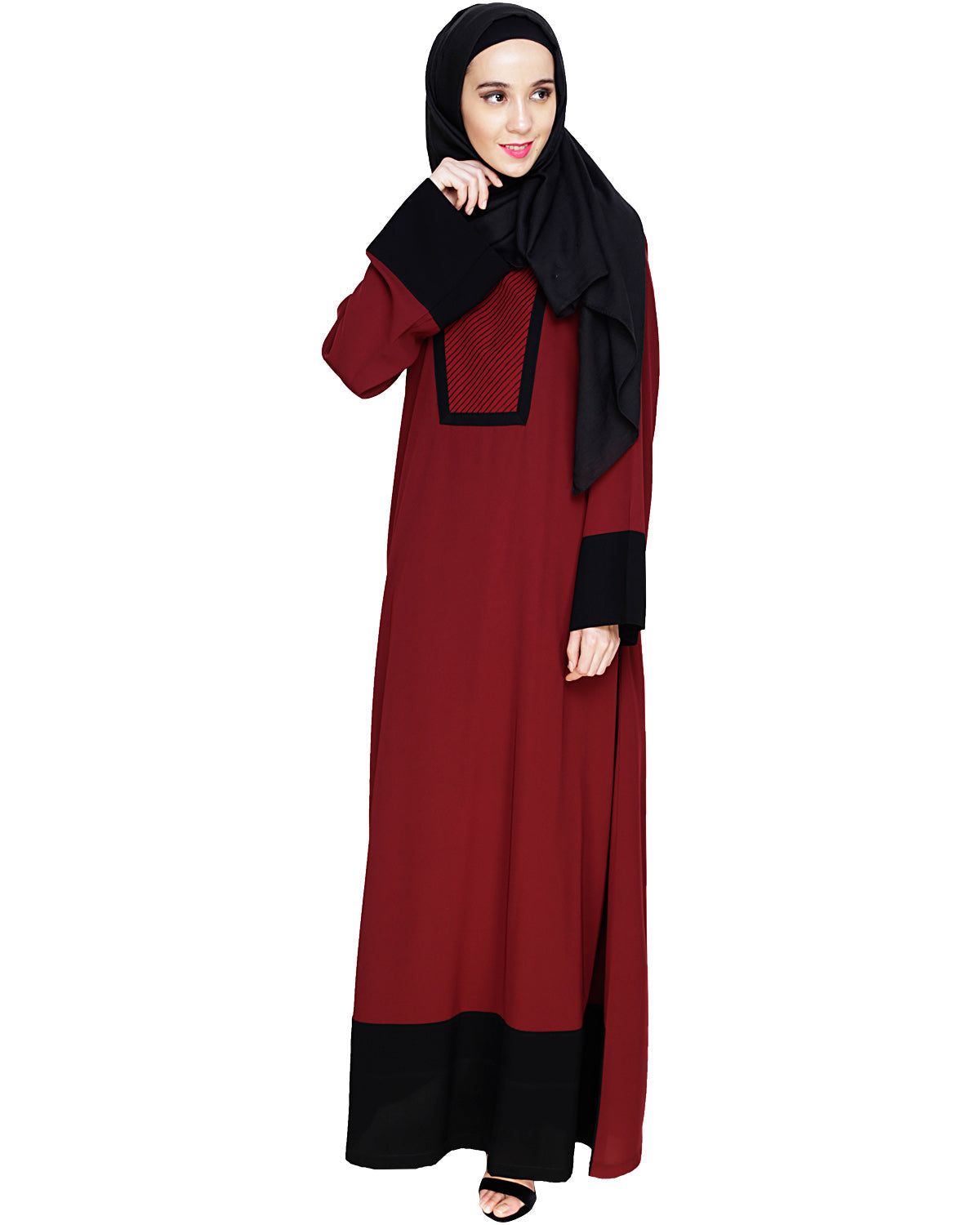 Embroidered Yoke Dubai Style Abaya Wine
