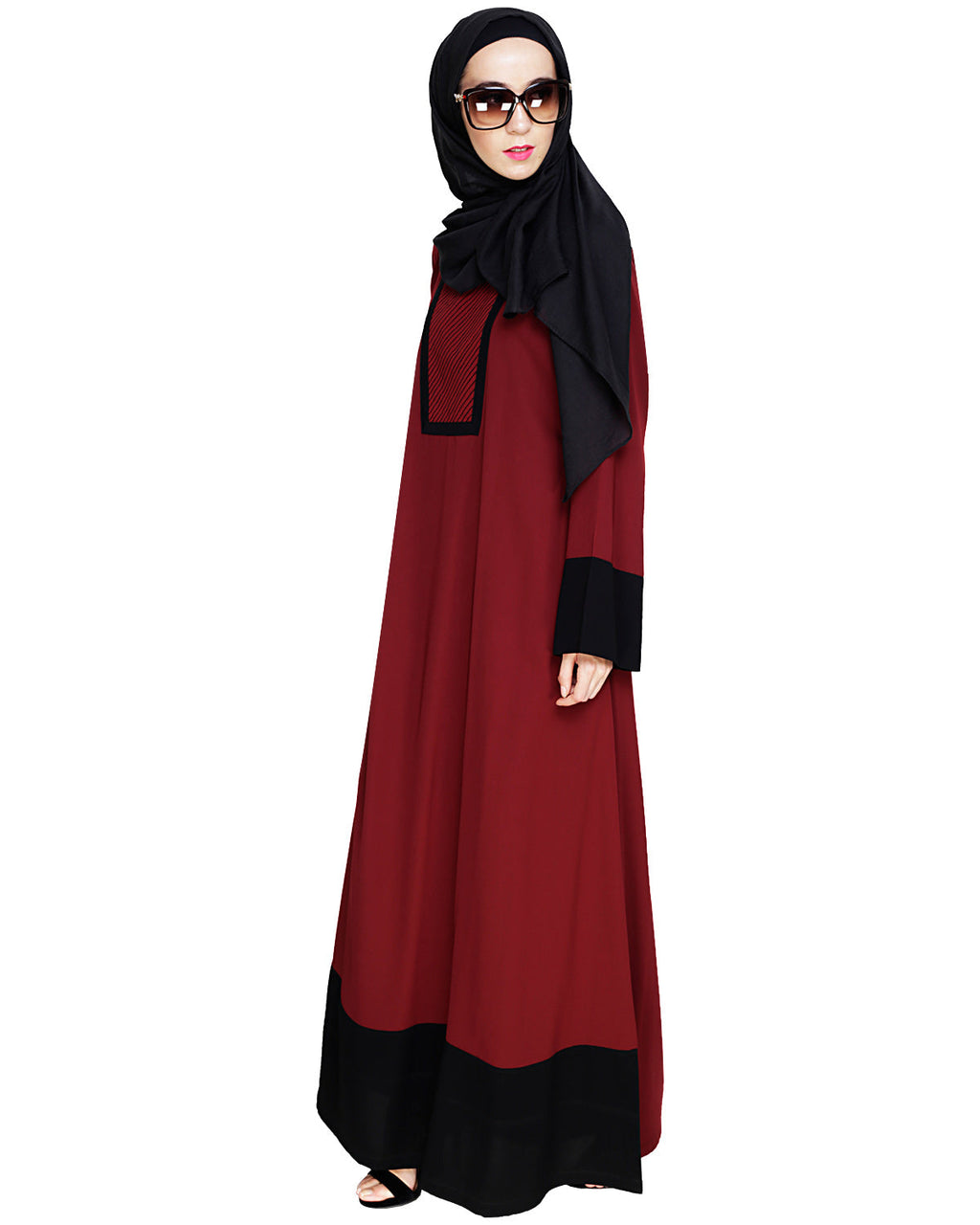 Embroidered Yoke Dubai Style Abaya Wine