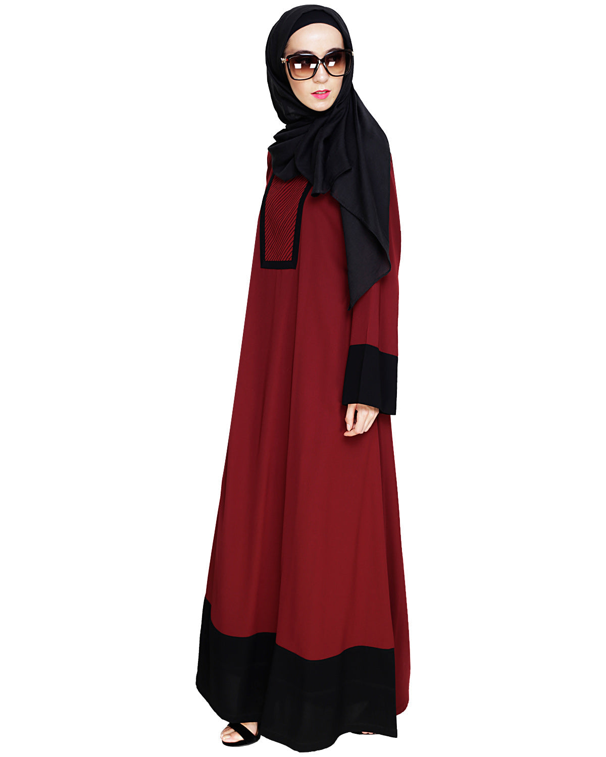 Embroidered Yoke Dubai Style Abaya Wine