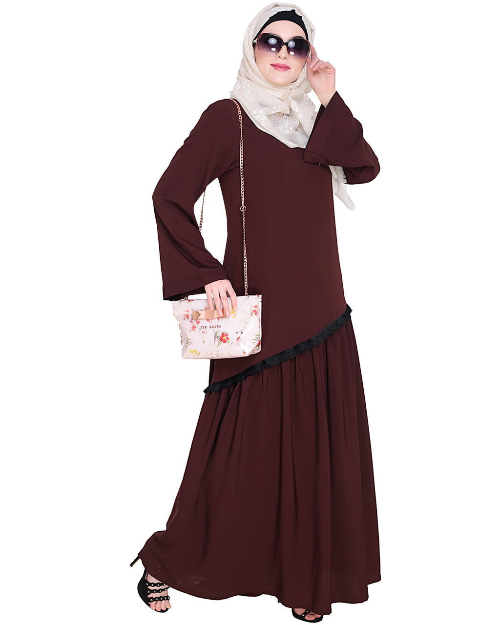 Fringe Lace Abaya Brown