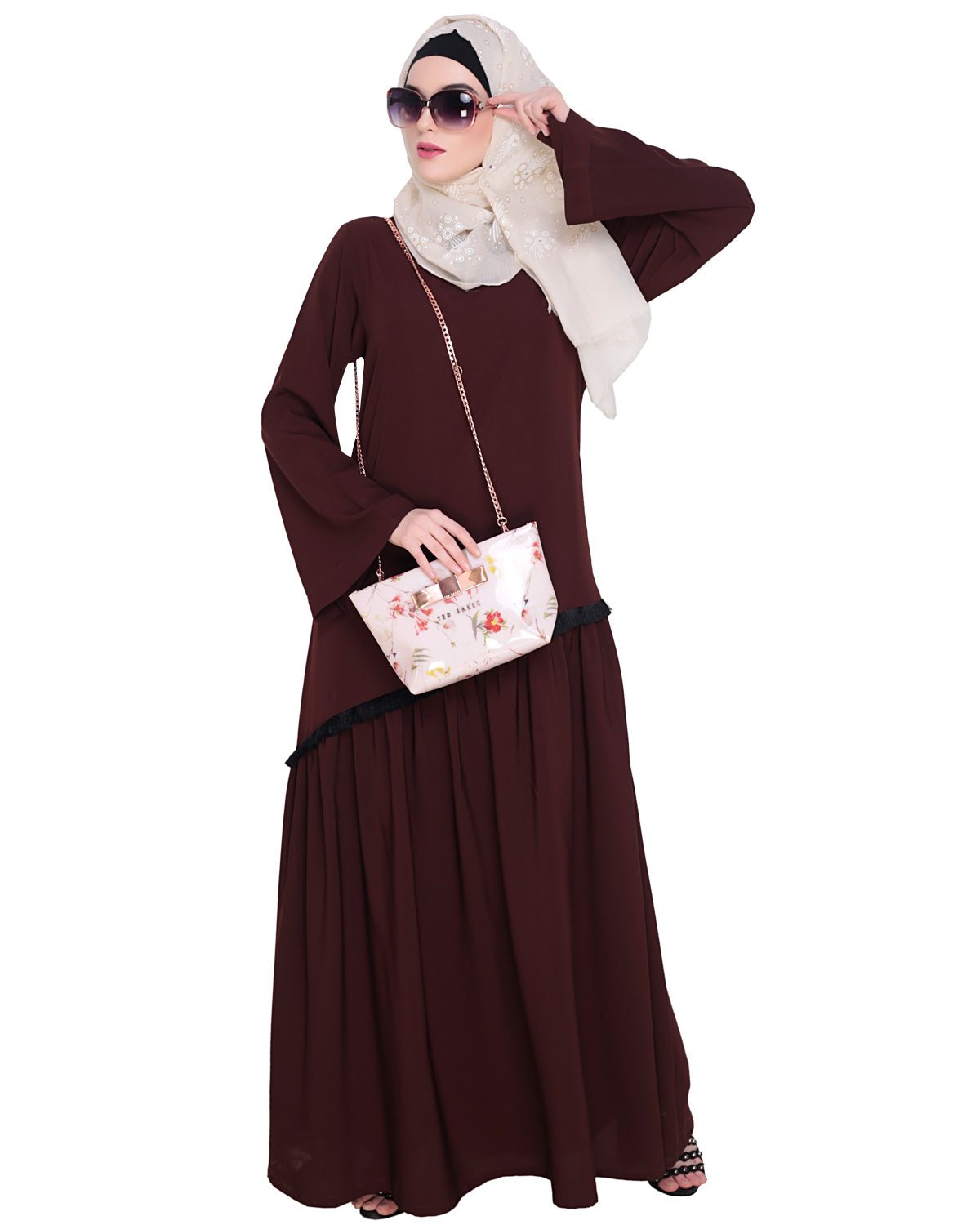 Fringe Lace Abaya Brown